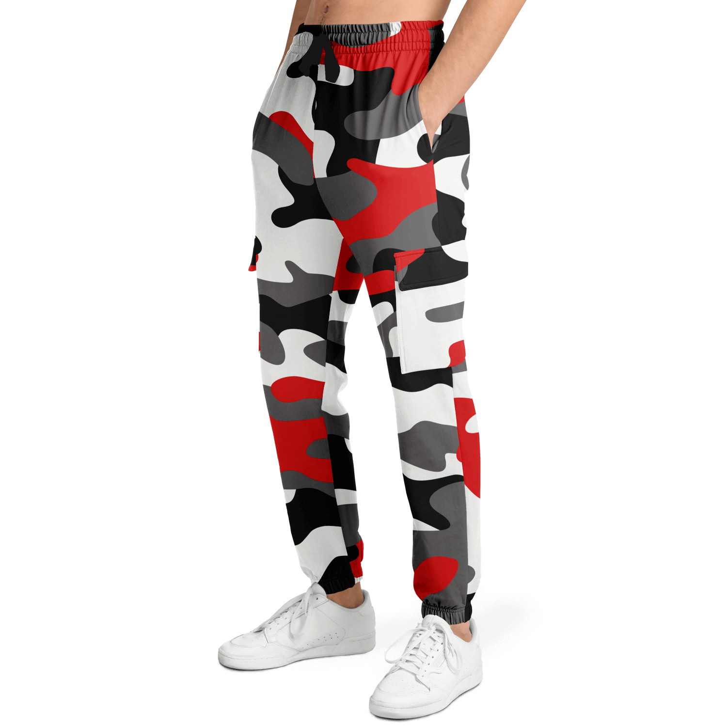 Camo Cargo Pants Unisex Red Black and White Design