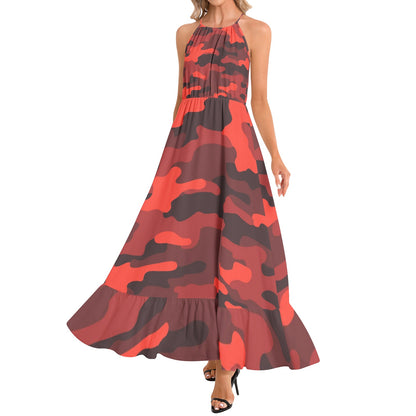 Camo Maxi Dress | Scarlet Red and Black Camouflage | Ruffle Hem