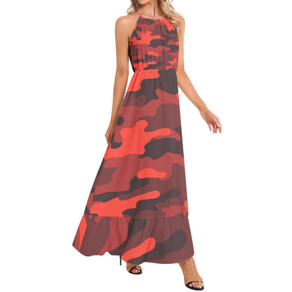 Camo Maxi Dress | Scarlet Red and Black Camouflage | Ruffle Hem