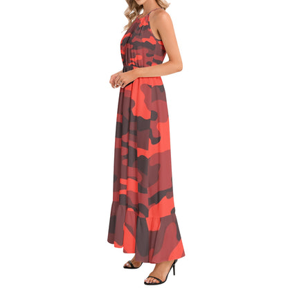 Camo Maxi Dress | Scarlet Red and Black Camouflage | Ruffle Hem