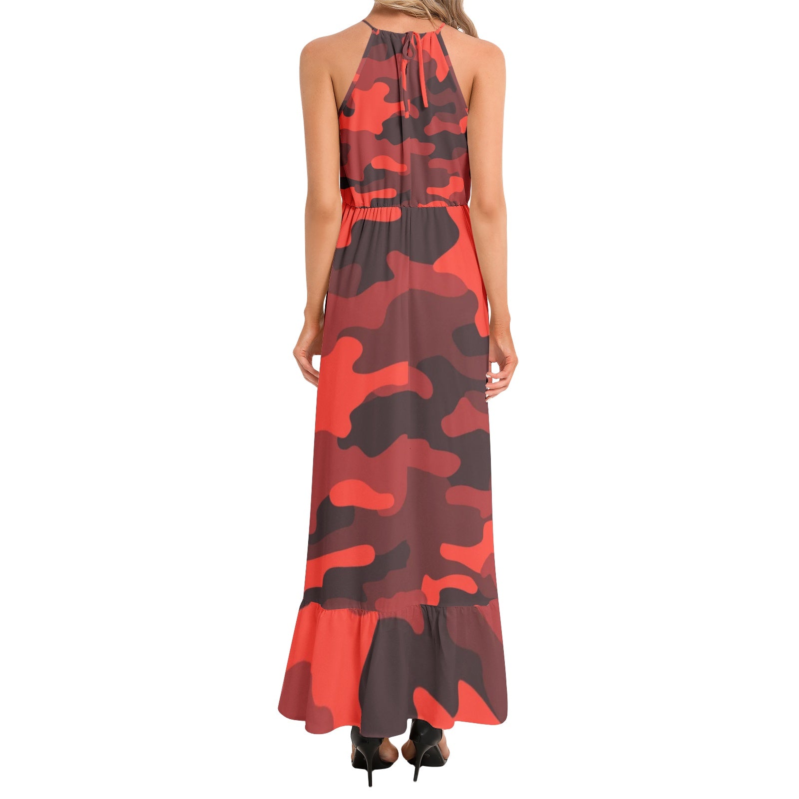 Camo Maxi Dress | Scarlet Red and Black Camouflage | Ruffle Hem