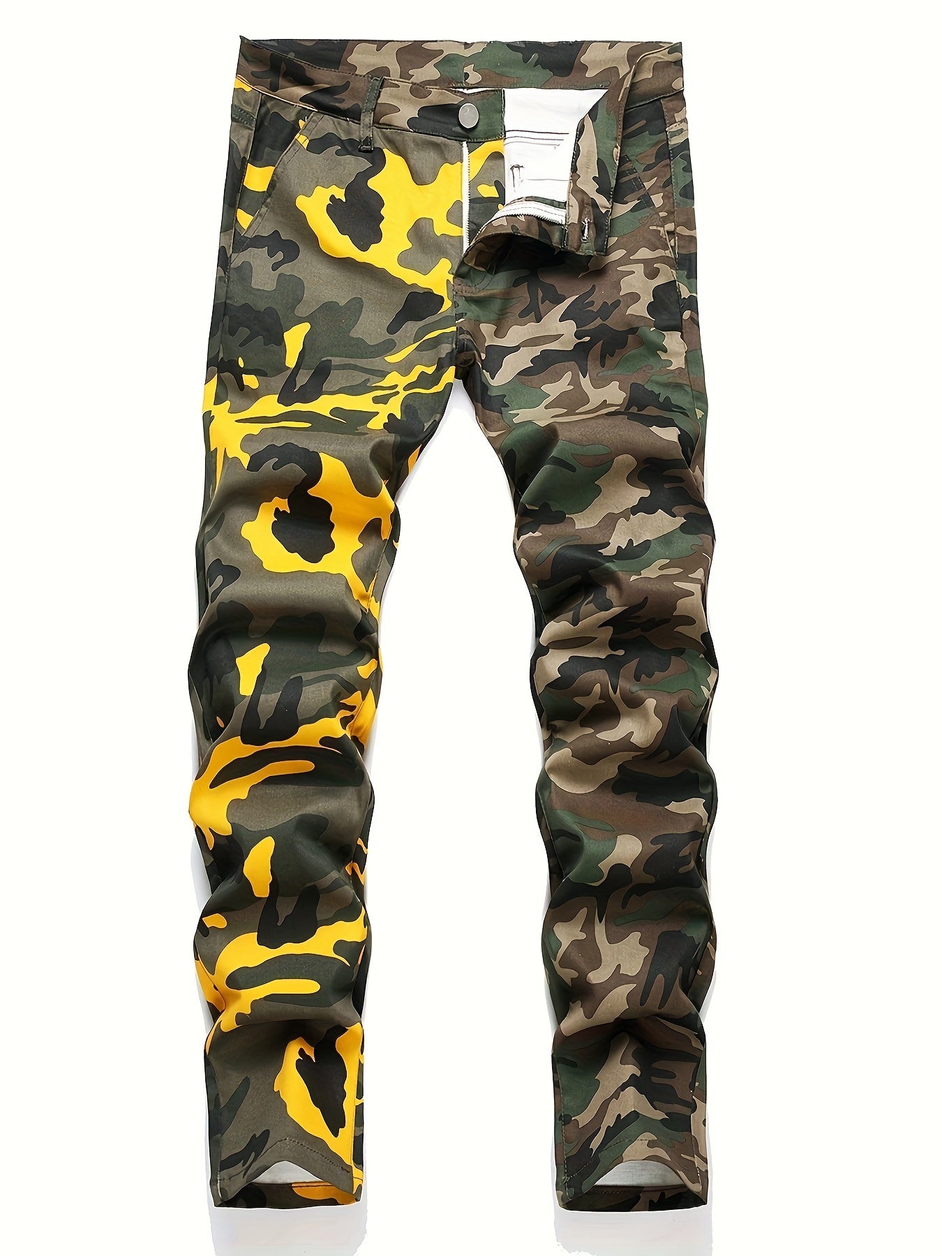 Men's Fashion Patchwork Camo Jeans Cotton Blend Regular Fit Mid Waist Non-Stretch Denim Pants with Pockets Zipper Fly for All Seasons