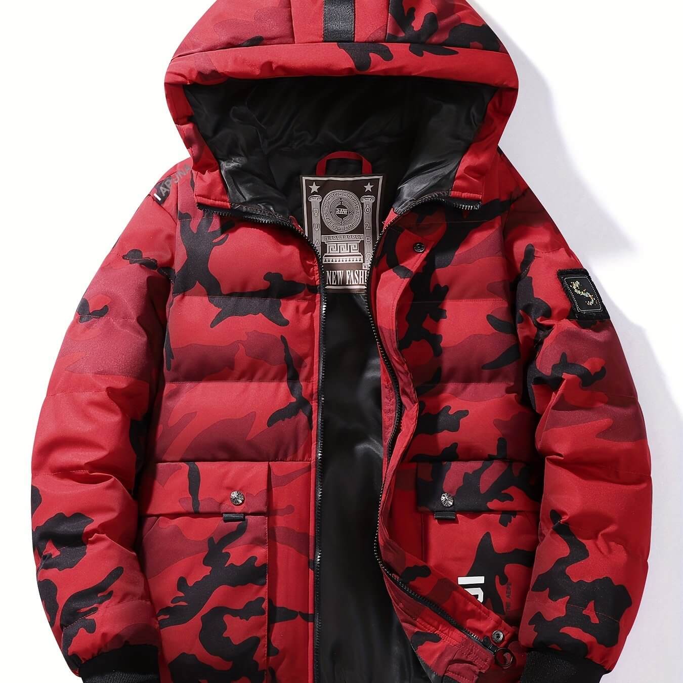 Red / Grey Men's Hooded Camo Puffer Jacket | Regular Fit