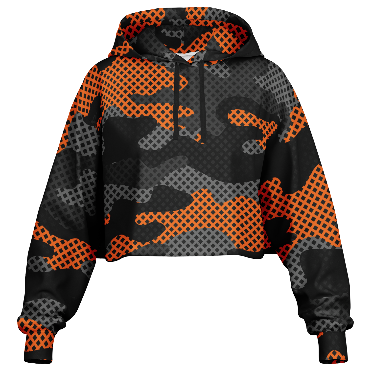 Cropped Hoodie For Women | Black & Orange Pixel Camo