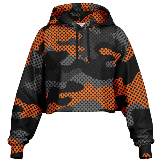 Cropped Hoodie For Women | Black & Orange Pixel Camo