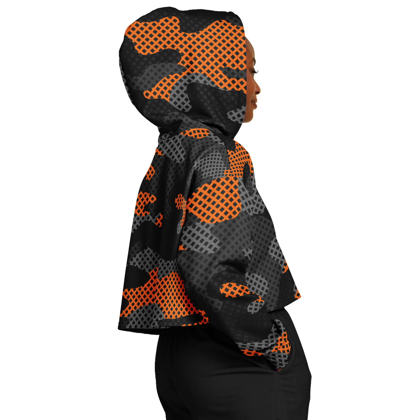 Cropped Hoodie For Women | Black & Orange Pixel Camo