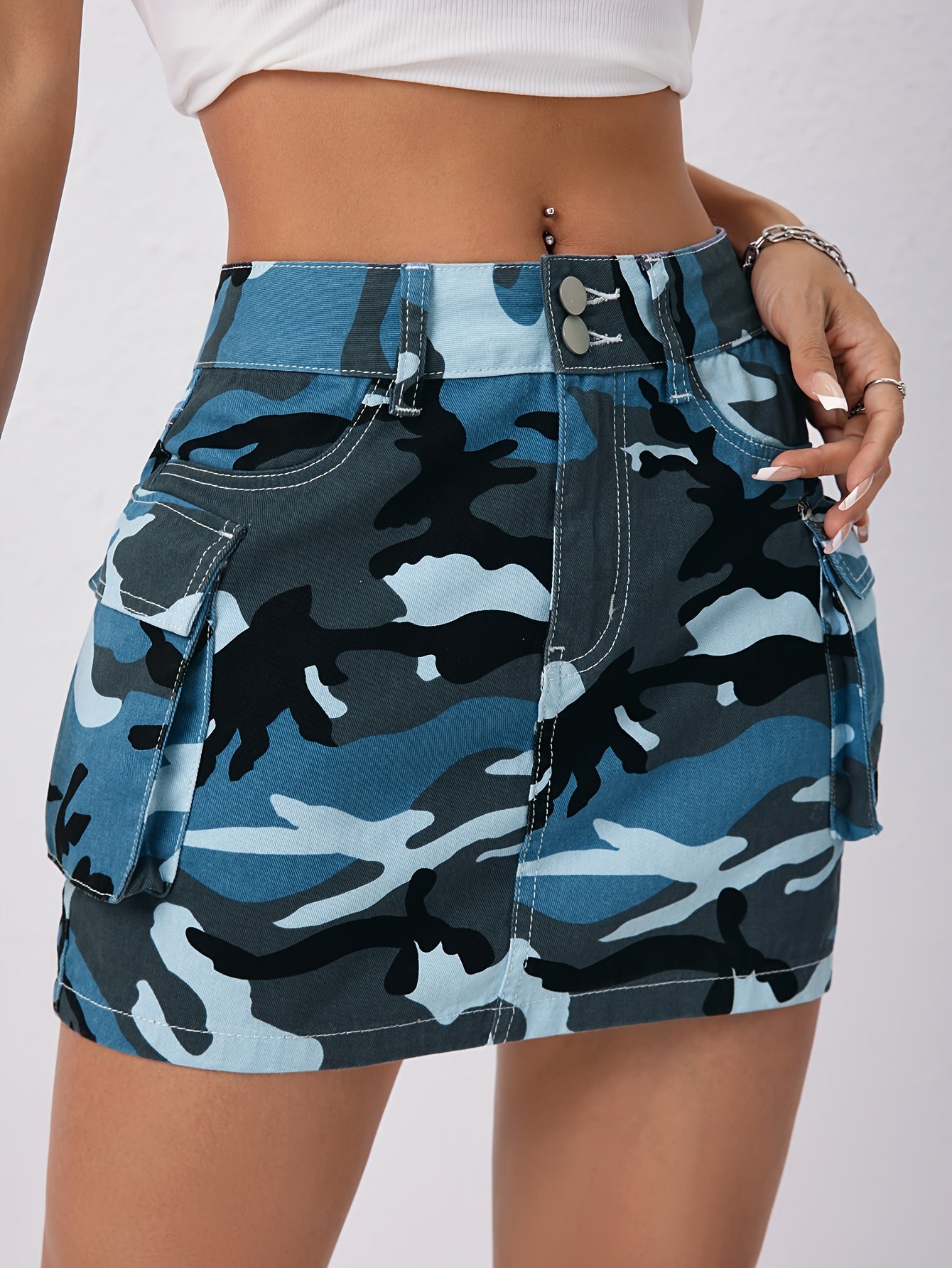 Women's Camo Print Flap Pocket Denim Cargo Skirt | Streetwear