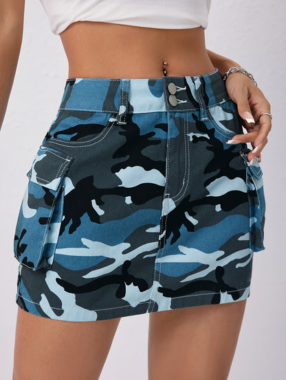 Women's Camo Print Flap Pocket Denim Cargo Skirt | Streetwear