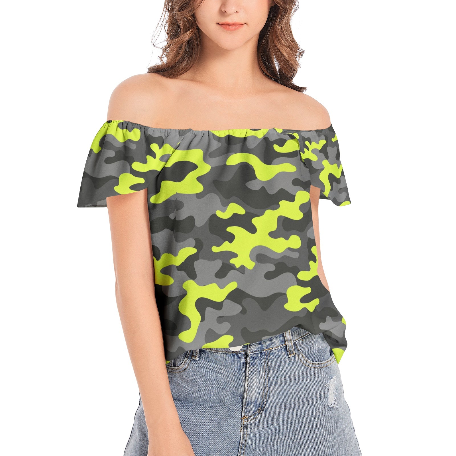 Off The Shoulder Camo Top | Yellow, Black and Gray Camouflage