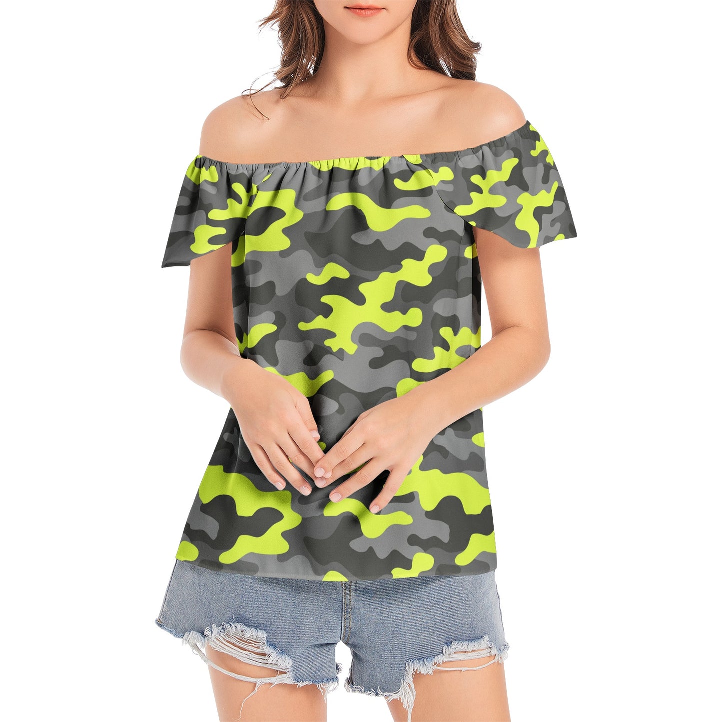 Off The Shoulder Camo Top | Yellow, Black and Gray Camouflage