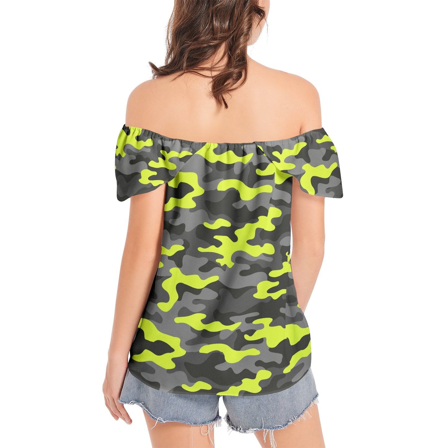 Off The Shoulder Camo Top | Yellow, Black and Gray Camouflage