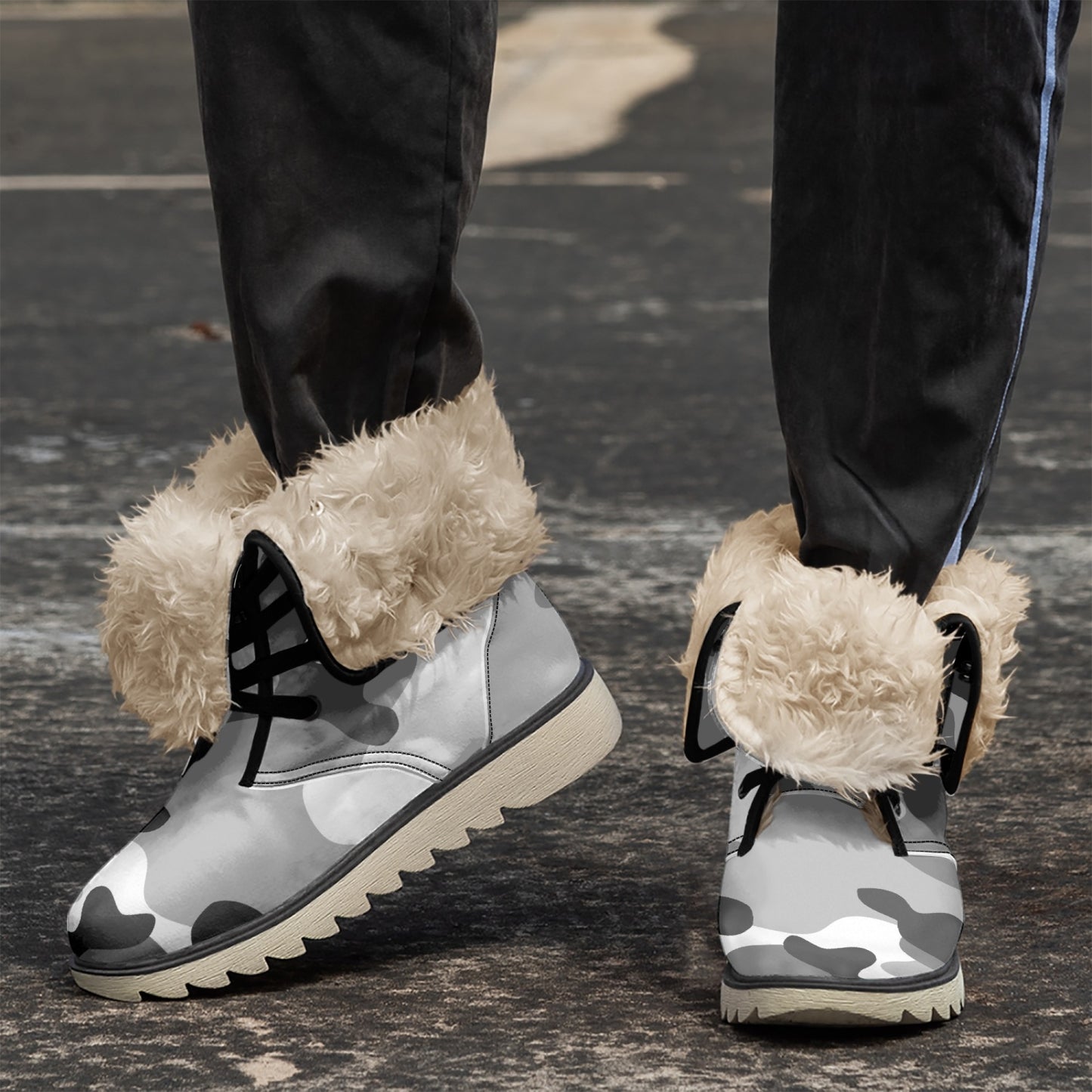 Camo Boots | Black, White, & Gray Cotton-Pad Fur Lining