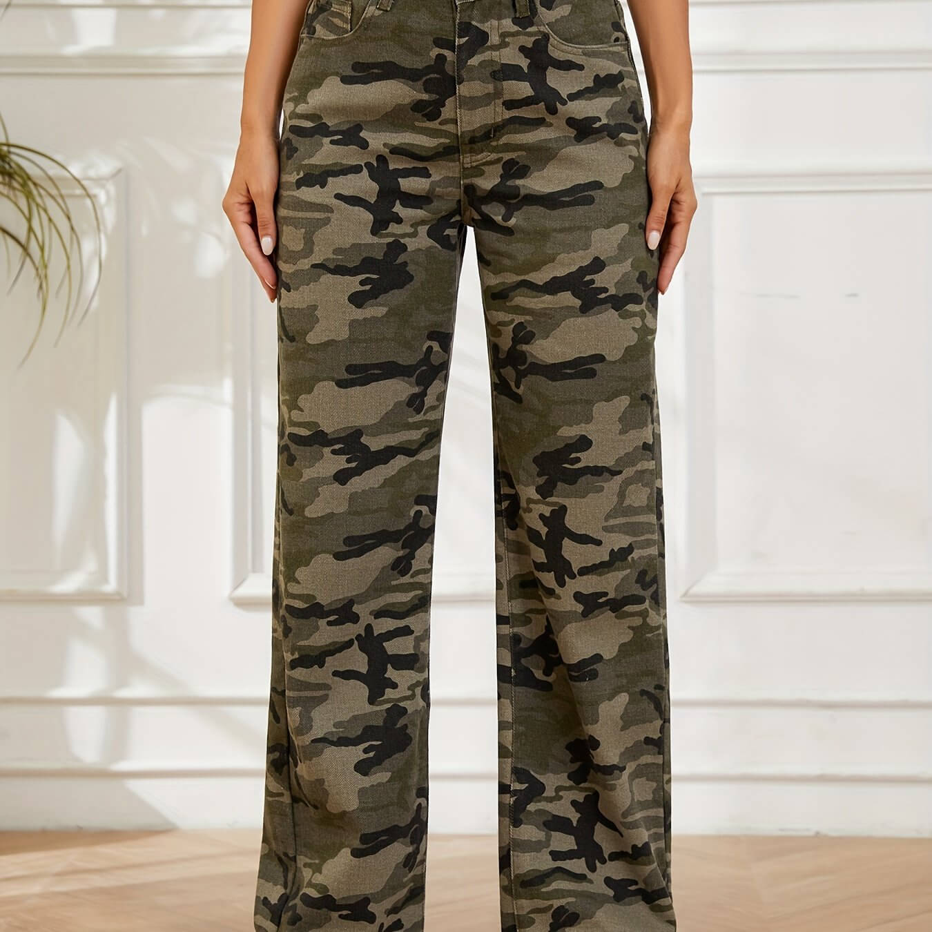 Camo Straight Leg Denim Pants | High Waist Military Casual Wide Leg Jeans