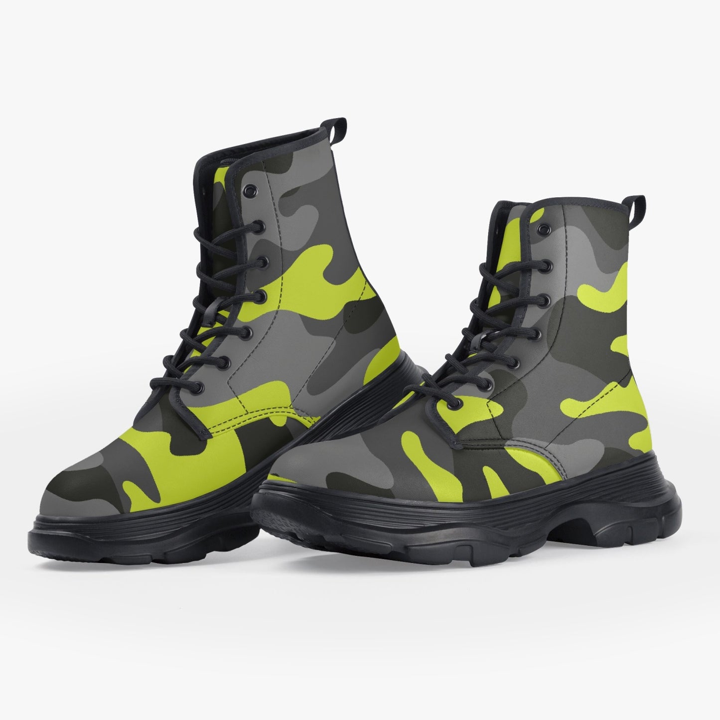 Chunky Boots | Leather in Yellow, Black, & Gray Camouflage