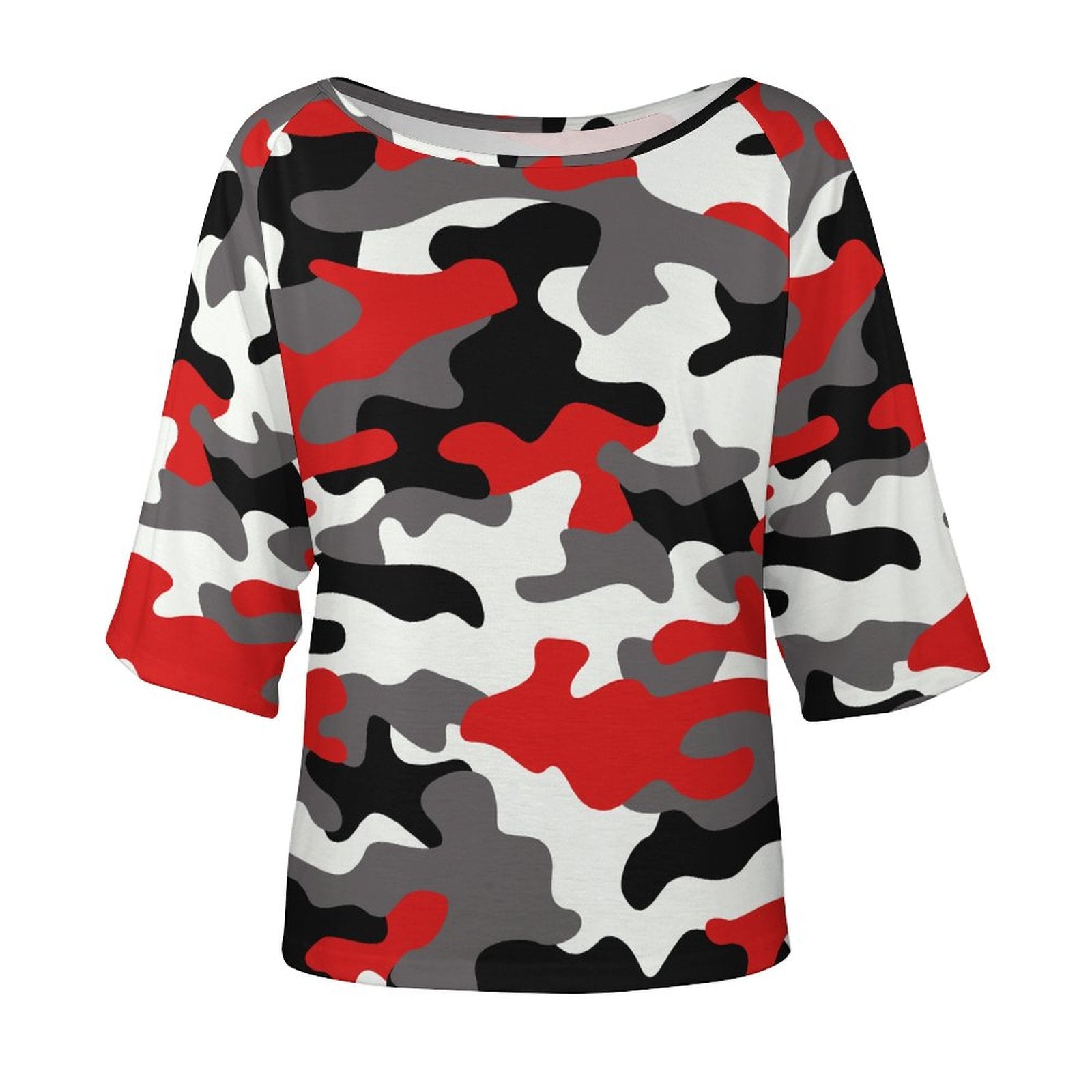 Off The Shoulder Top | Red, Black & White Camo Shirt