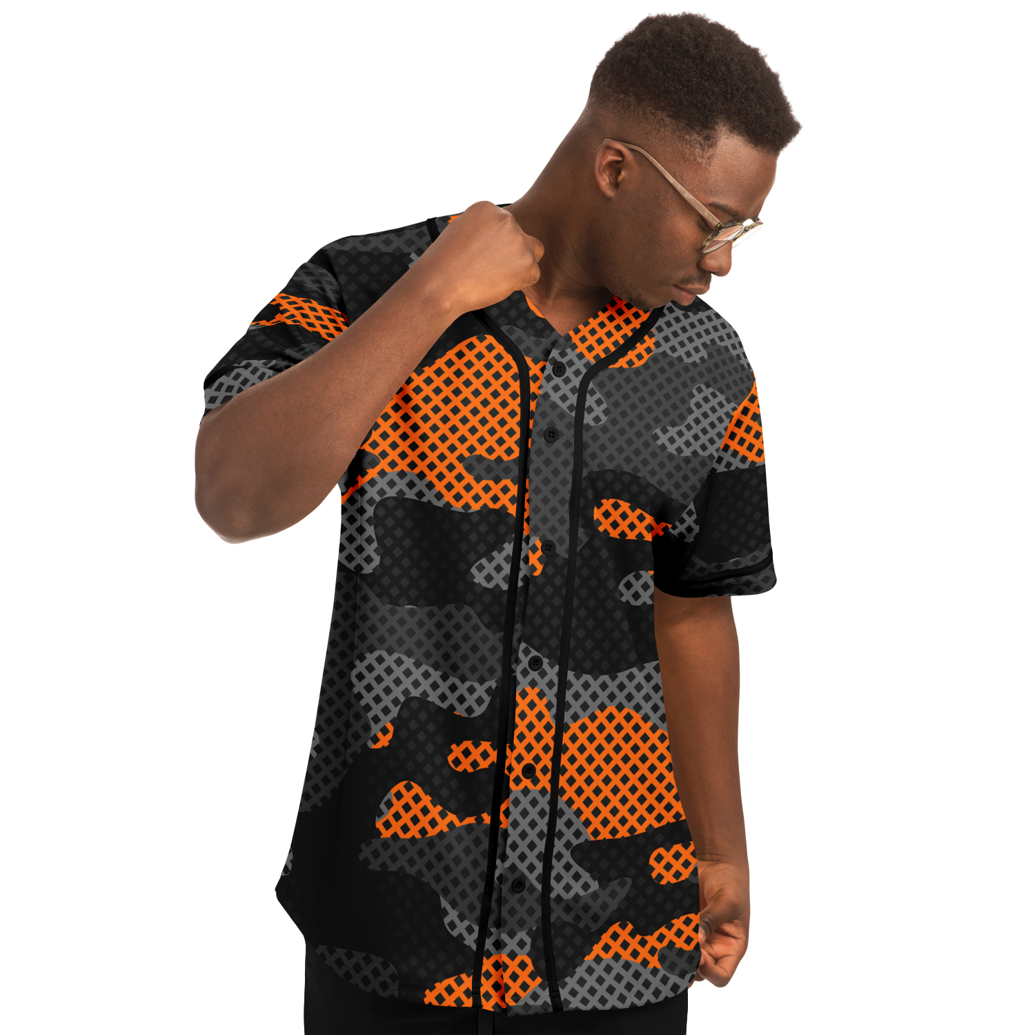 Camo Baseball Jersey | Black & Orange Pixel Camouflage