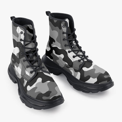 Chunky Boots | Leather in Gray, Black, & White Camouflage