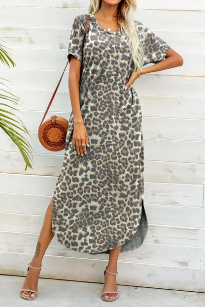 Printed V-Neck Curved Hem Camo Dress