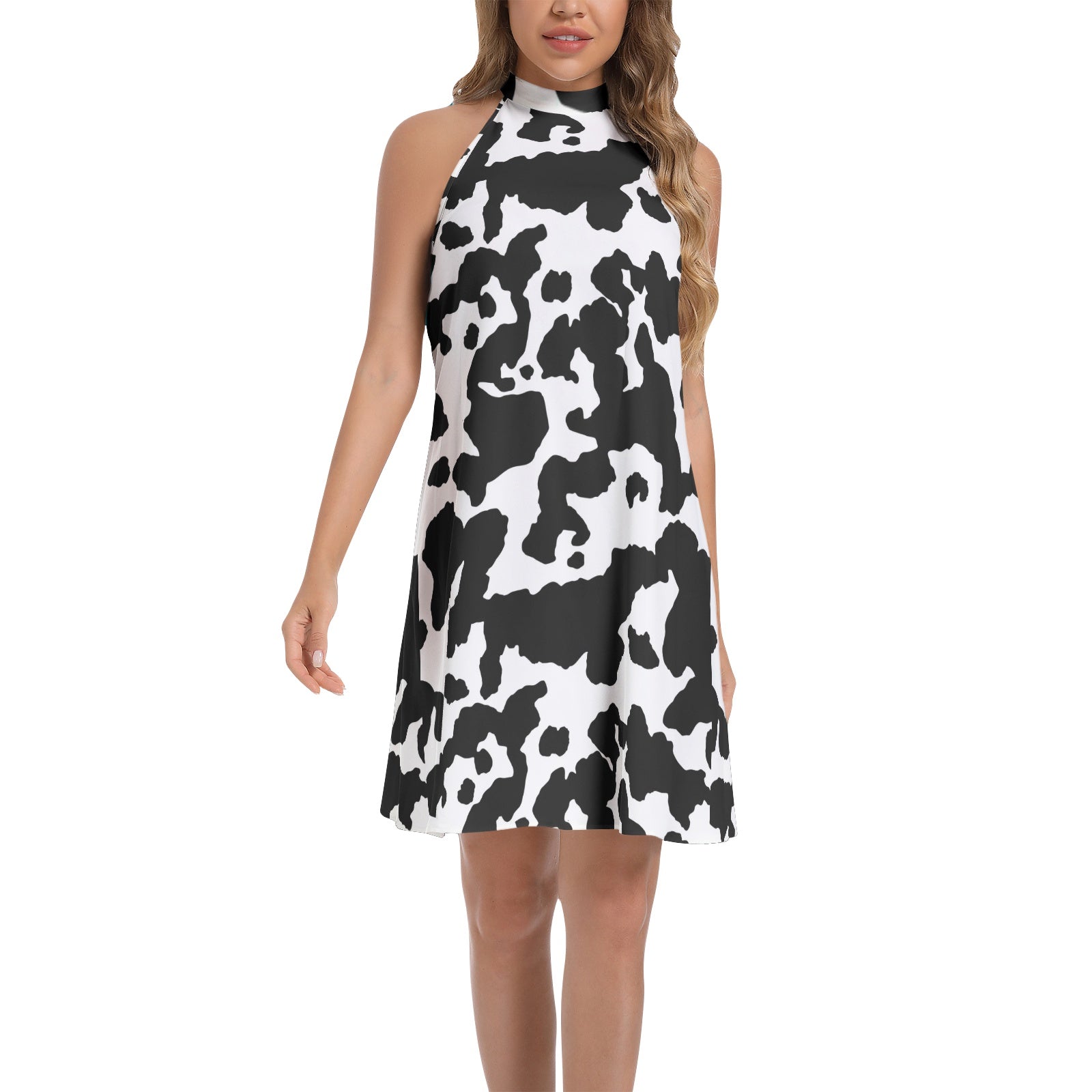 Flared Camo Dress | Halter Neck | Black and White Cow Print