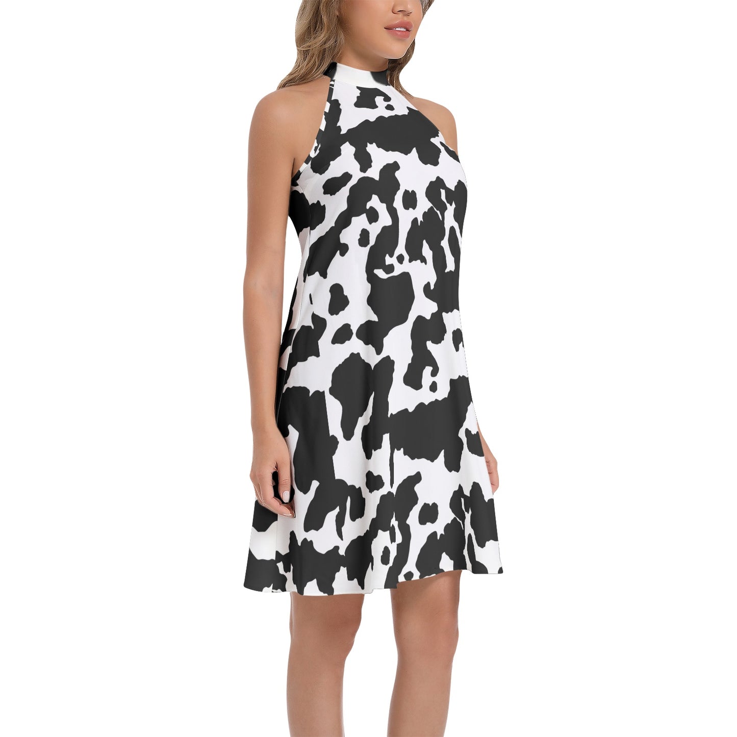 Flared Camo Dress | Halter Neck | Black and White Cow Print