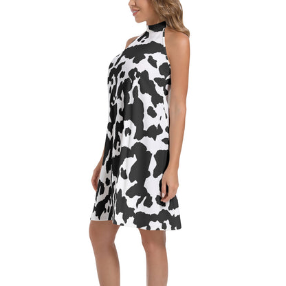 Flared Camo Dress | Halter Neck | Black and White Cow Print