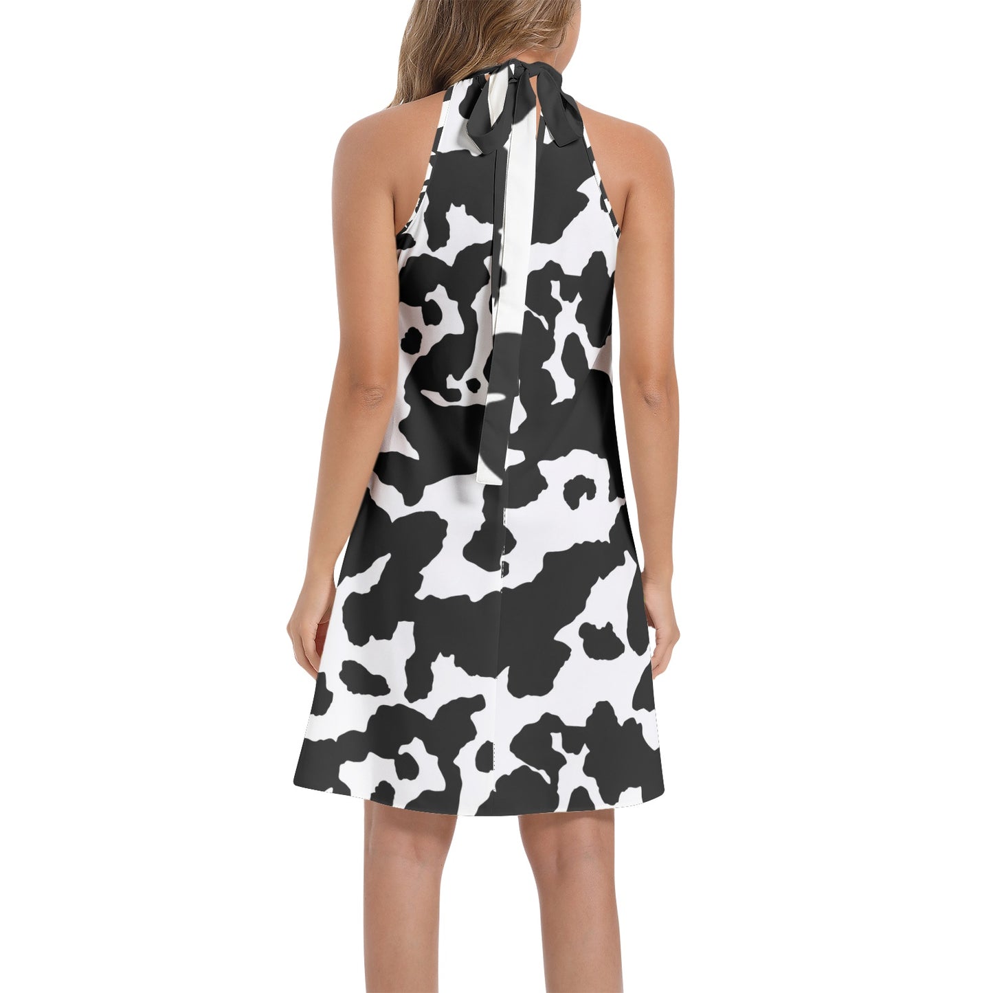 Flared Camo Dress | Halter Neck | Black and White Cow Print