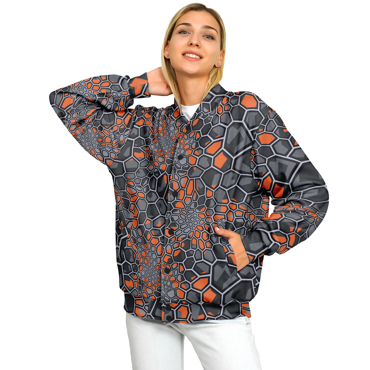 Baseball Jacket | Geometric Camo in Orange, Gray & Black