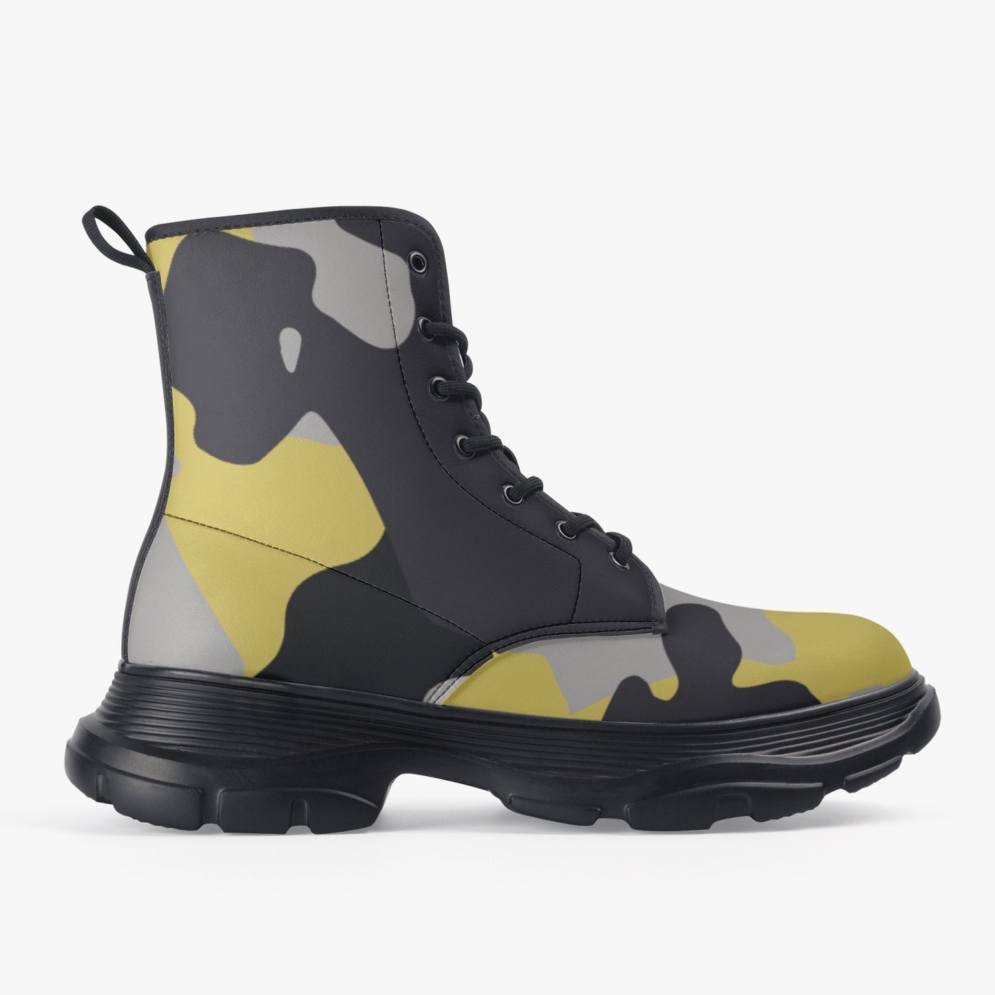 Chunky Boots | Leather in Yellow, Black & Silver Camouflage