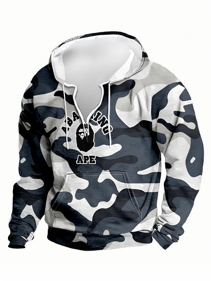 Gray Camo Hoodie with Zipper for Men | Casual Pullover Hooded Sweatshirt