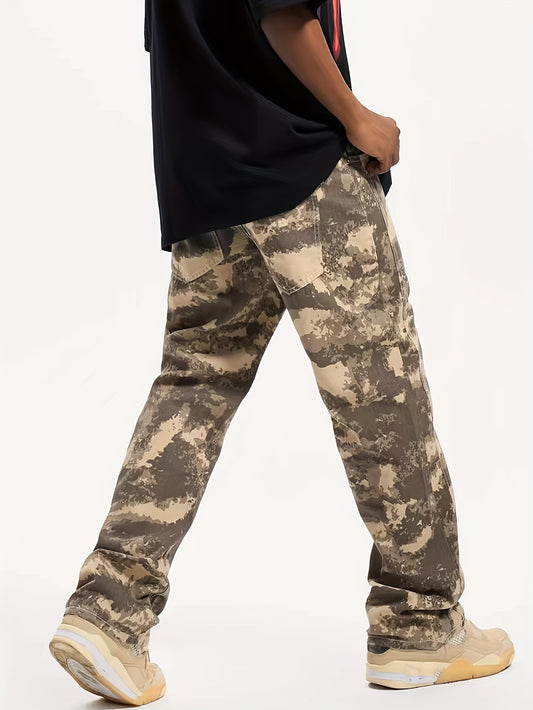 Men's Camouflage Print Denim Jeans With Pockets, Straight Leg Comfy Pants For Outdoor Activity