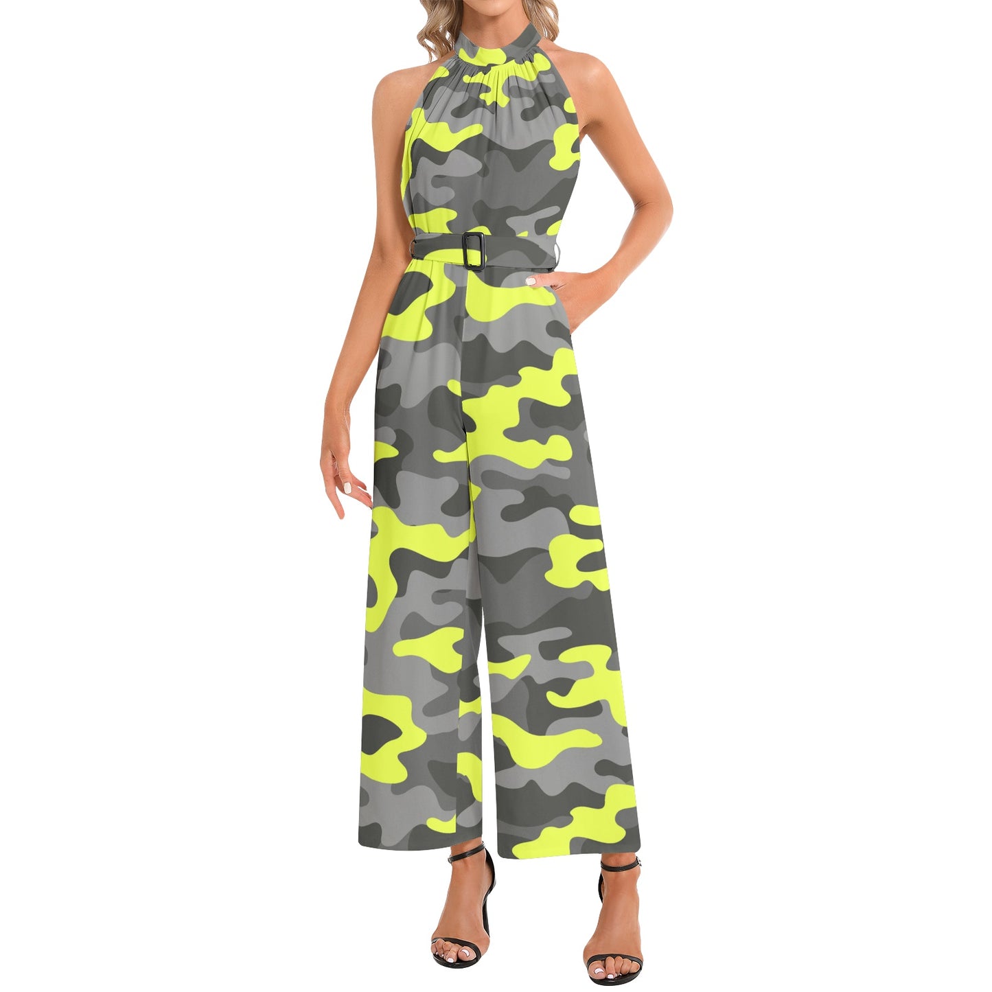 Camo Jumpsuit | Belted Halter Neck | Yellow, Black, and White