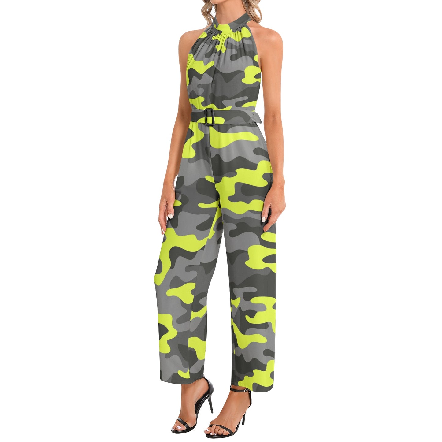 Camo Jumpsuit | Belted Halter Neck | Yellow, Black, and White