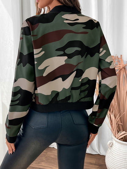 Camo Print Zipper Bomber Jacket, Casual Long Sleeve Outwear For Spring & Fall, Women's Clothing