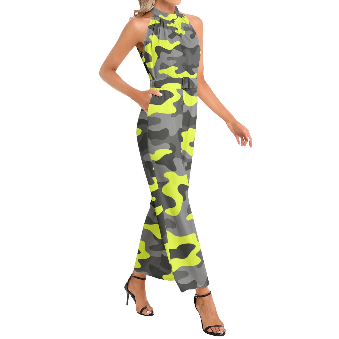 Camo Jumpsuit | Belted Halter Neck | Yellow, Black, and White