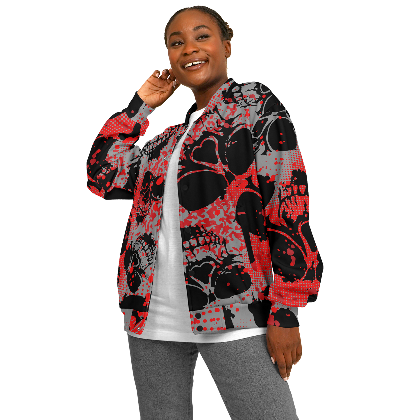 Baseball Jacket | Grunge Skulls Print in Red & Black | Unisex