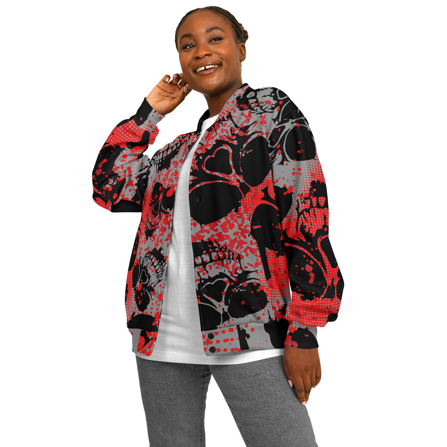 Baseball Jacket | Grunge Skulls Print in Red & Black | Unisex