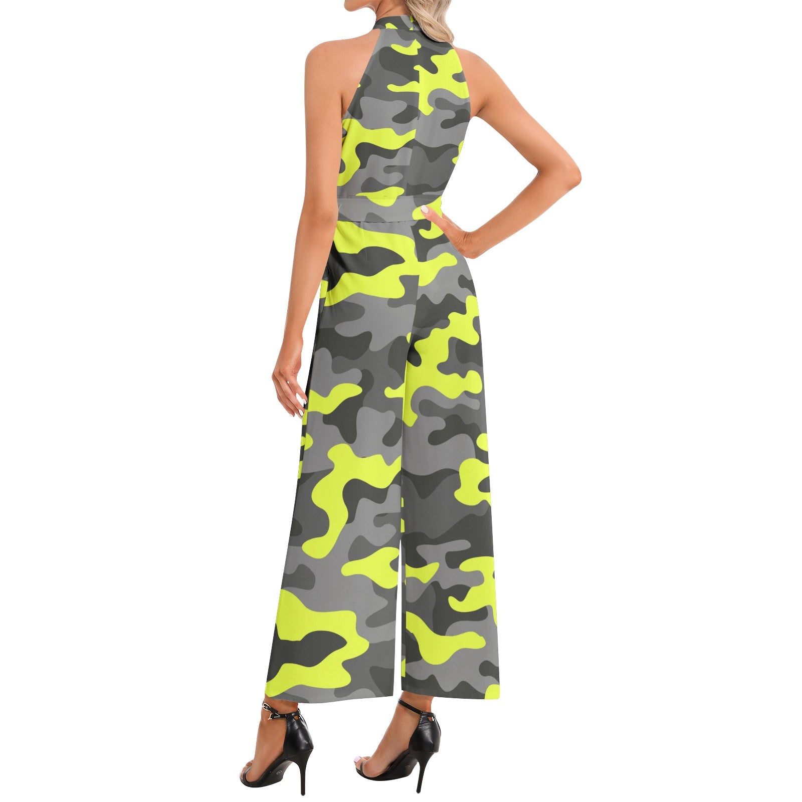 Camo Jumpsuit | Belted Halter Neck | Yellow, Black, and White