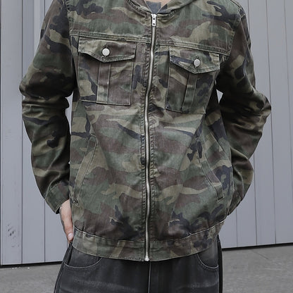 Men's Camo Denim Jacket: Hooded, Zip-Up, Regular Fit with Pockets