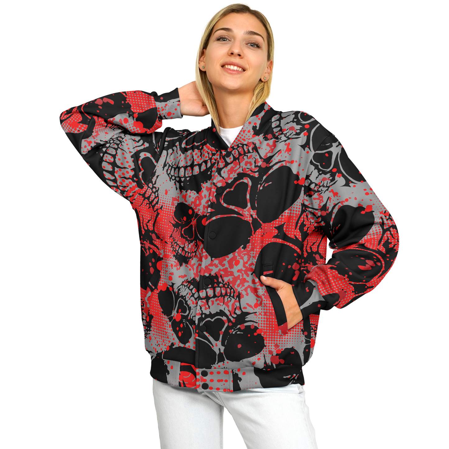 Baseball Jacket | Grunge Skulls Print in Red & Black | Unisex