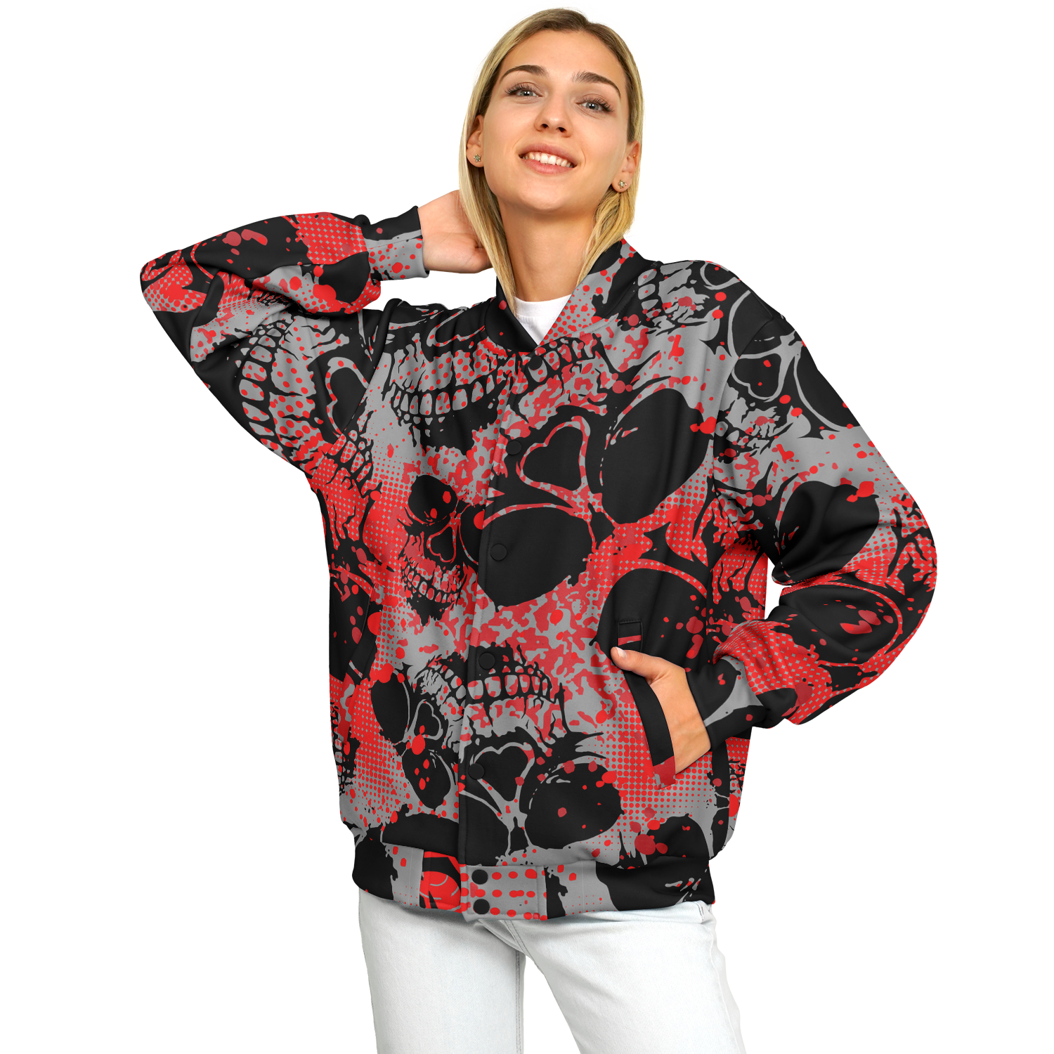 Baseball Jacket | Grunge Skulls Print in Red & Black | Unisex