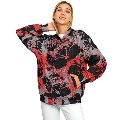 Baseball Jacket | Grunge Skulls Print in Red & Black | Unisex