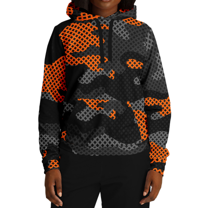 Camo Hoodie | Black & Orange Pixel Camouflage Pullover