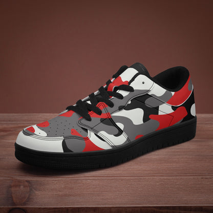 Camo Sneakers | Red Black Low-Top Leather Camouflage Shoes