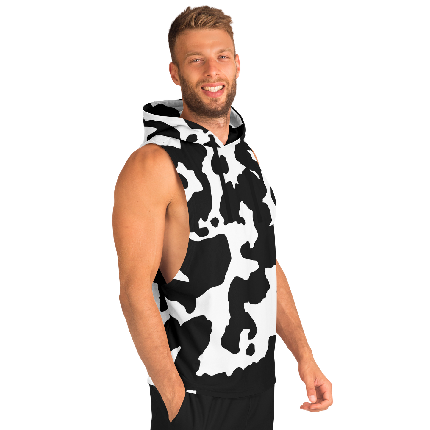 Sleeveless Hoodie | Black & White Cow Camouflage