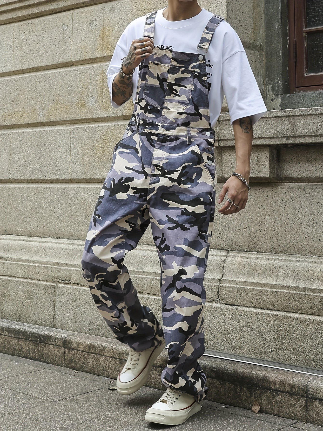 Men's Gray Camo Denim Overalls with Zip