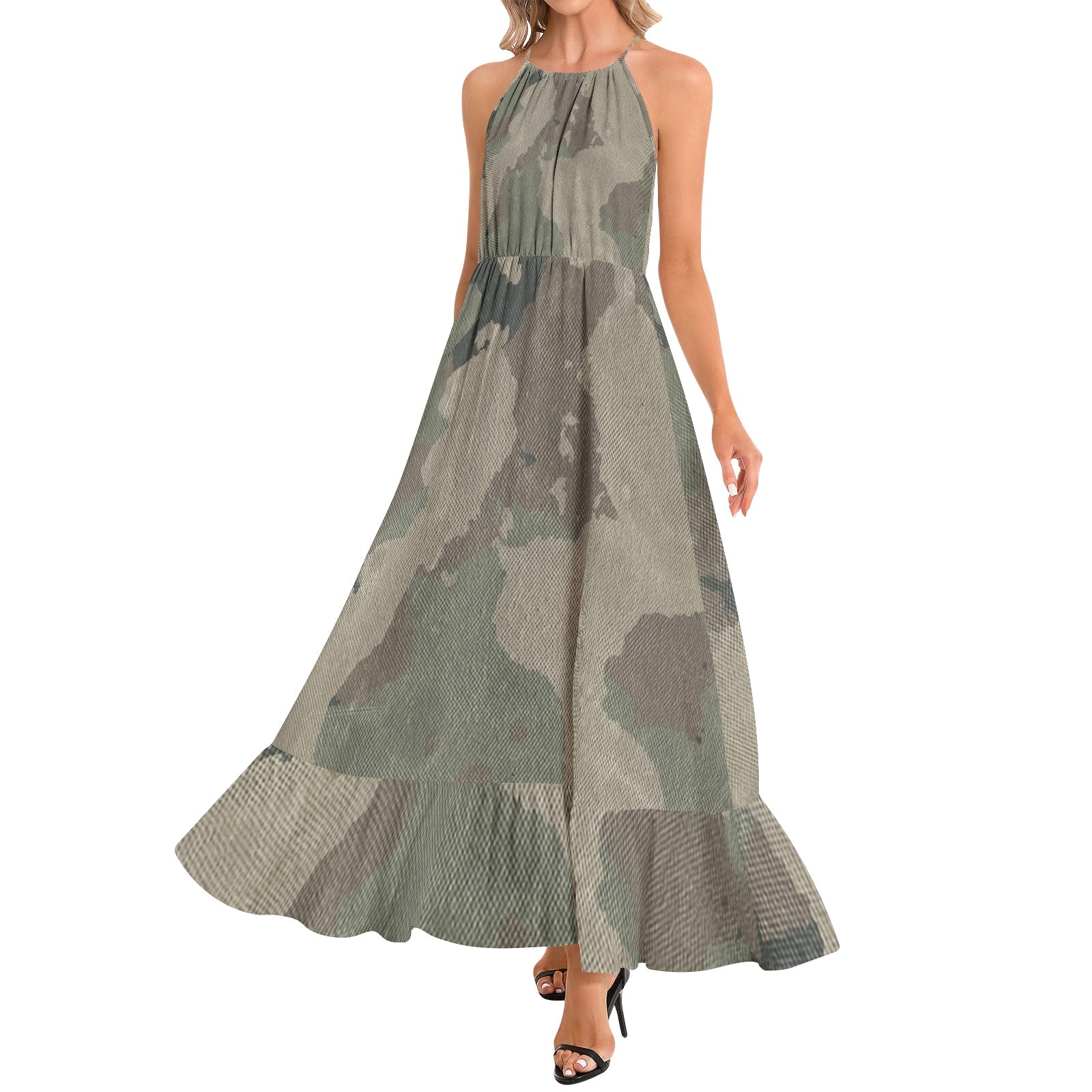 Camo Maxi Dress | Dirty Brown Camouflage | Ruffle Hem