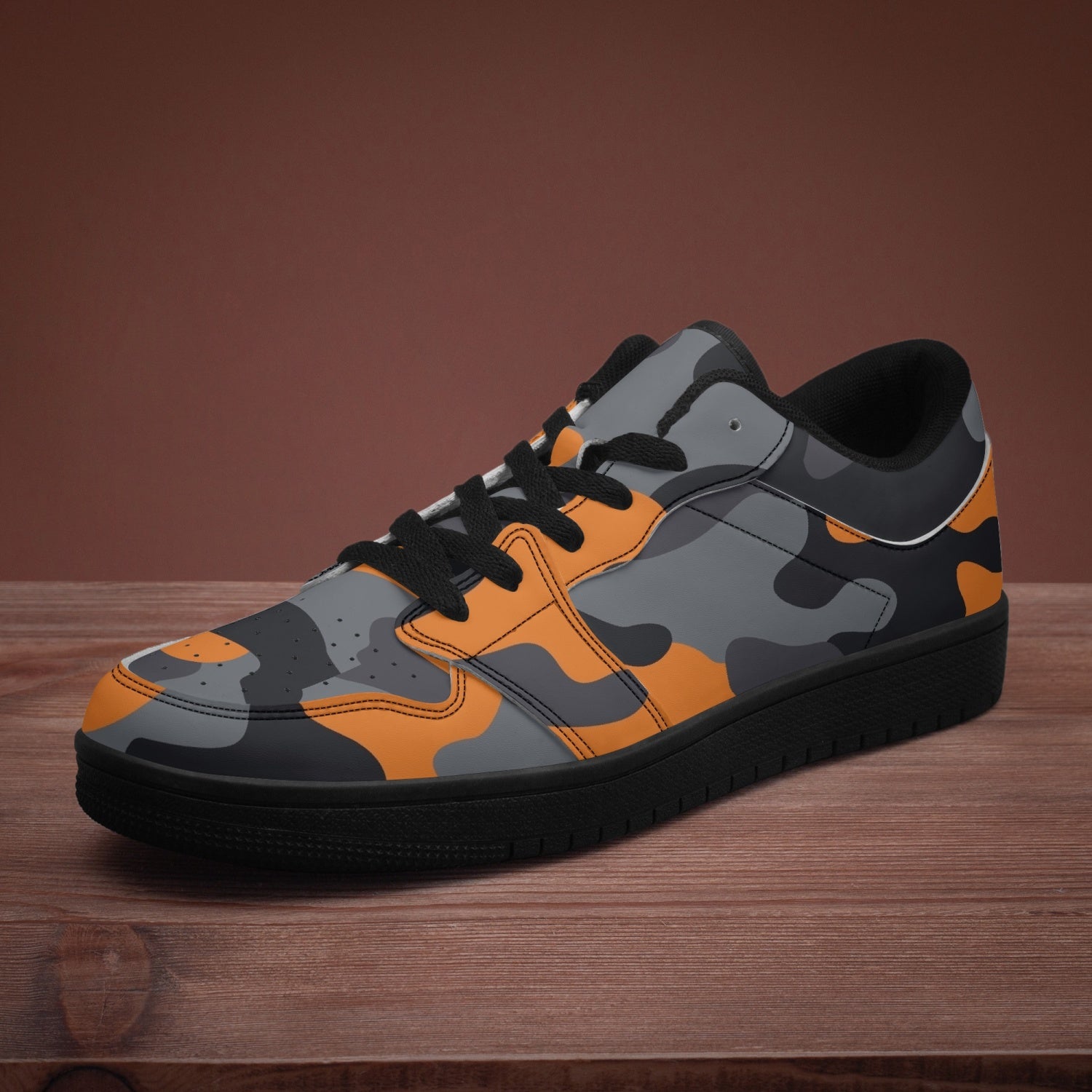 Camo Sneakers | Orange-Black Low-Top Leather Camouflage Shoes