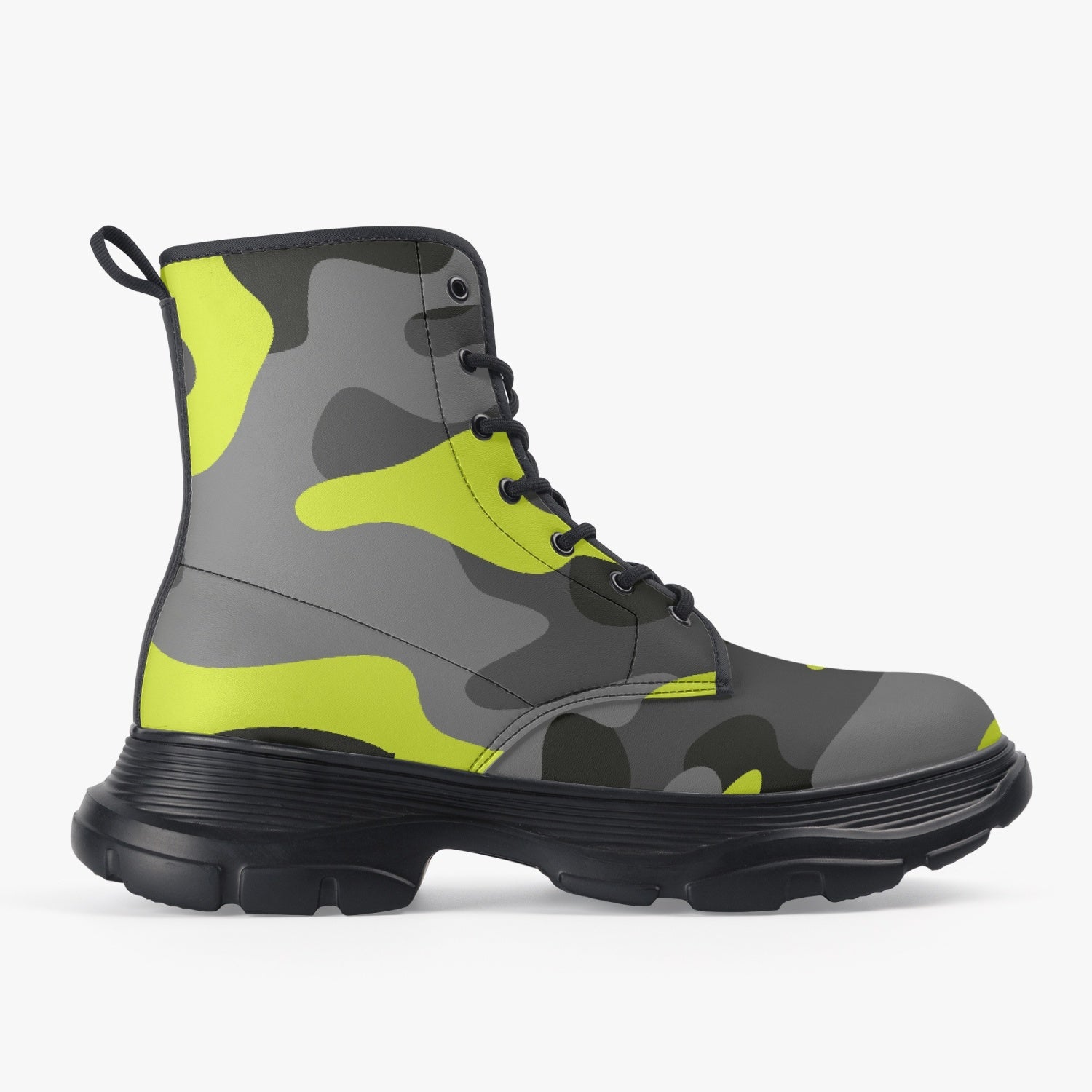 Chunky Boots | Leather in Yellow, Black, & Gray Camouflage