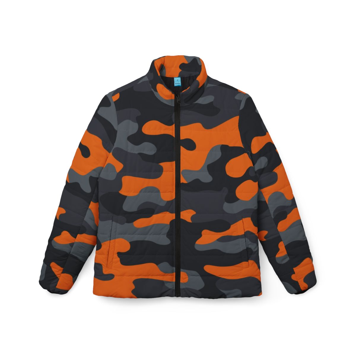 Women’s Camo Puffer Jacket | Orange, Gray & Black Camouflage