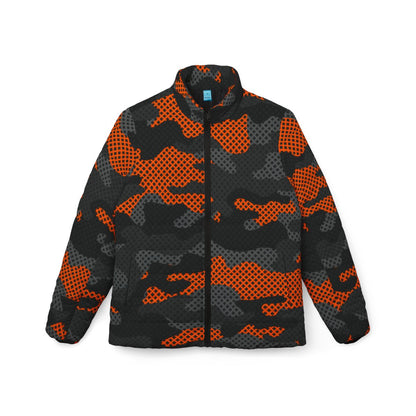 Women’s Camo Puffer Jacket | Black & Orange Pixel Camouflage